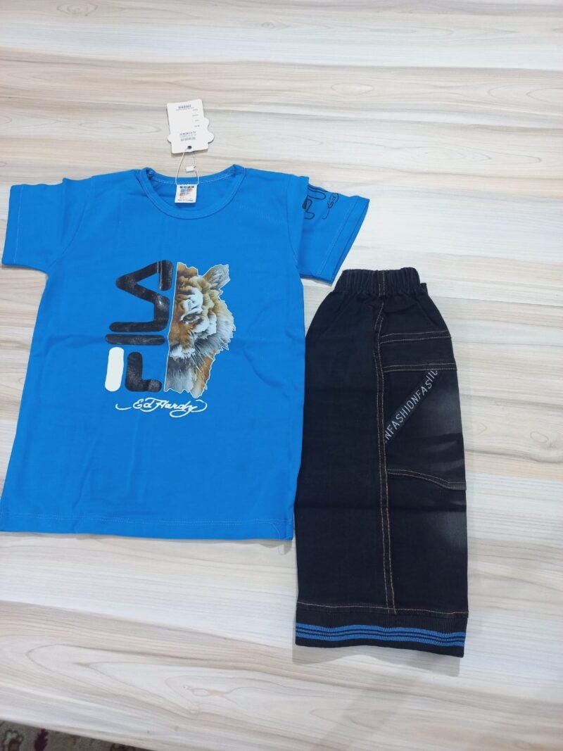 Roaring Style! Trendy Kids' Outfit with Tiger Graphic & Denim Shorts